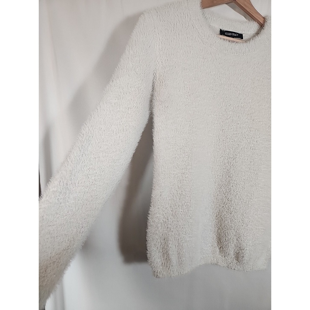 Ellen Tracy Fuzzy Eyelash Chenille Sweater Sparkle Metallic White Womens XS - Picture 3 of 15